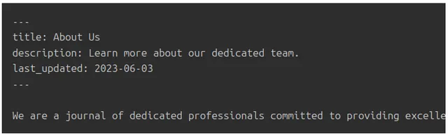 Markdown source file for an ‘About Us’ page: front matter fenced by triple dashes setting title, description and last_updated, followed by the page body text.