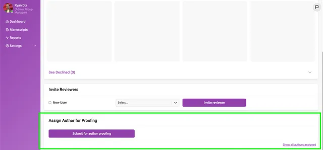 Lower part of the Control page Team tab, with the ‘Assign Author for Proofing’ section outlined in green containing a ‘Submit for author proofing’ button and a ‘Show all authors assigned’ link, below ‘See Declined (0)’ and the ‘Invite Reviewers’ row.