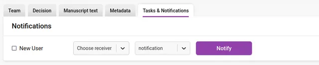 ‘Notifications’ section of the ‘Tasks &amp; Notifications’ tab, with an unticked ‘New User’ checkbox followed by a ‘Choose receiver’ dropdown, a notification-type dropdown and a ‘Notify’ button.