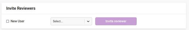 ‘Invite Reviewers’ panel on the Team tab with an unticked ‘New User’ checkbox, a ‘Select…’ dropdown for choosing an existing Kotahi user, and a greyed-out ‘Invite reviewer’ button.