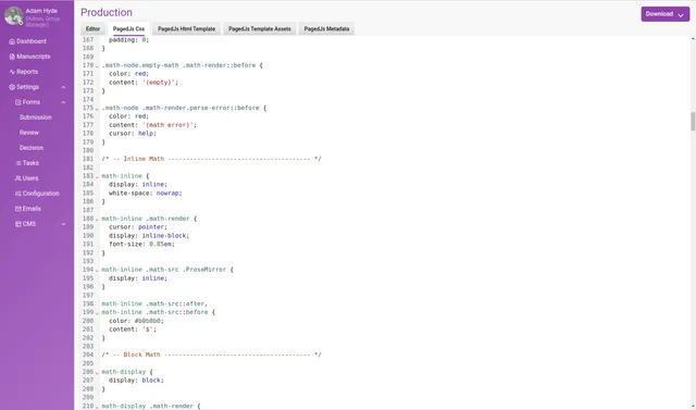 The ‘PagedJs Css’ tab of the Production interface, showing an editable stylesheet with rules for maths node error states, an ‘Inline Math’ section styling inline maths, and the start of a ‘Block Math’ section.