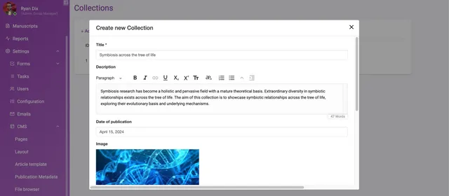 ‘Create new Collection’ dialog on the Collections page, with a required ‘Title’ field, a rich-text ‘Description’ box with formatting toolbar, a ‘Date of publication’ picker, and an ‘Image’ upload area showing the chosen cover picture.