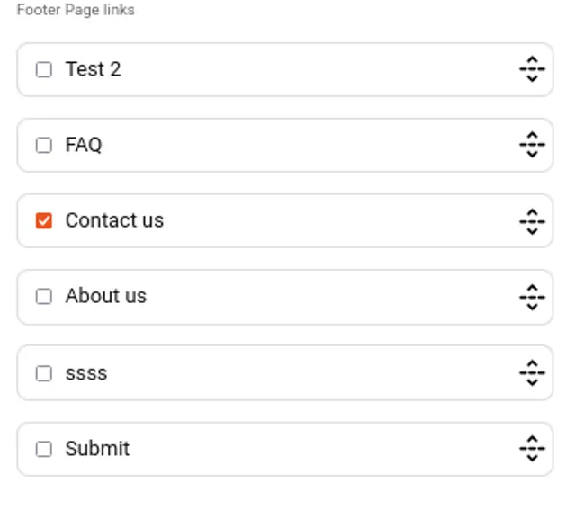 ‘Footer Page links’ setting listing six draggable rows with tick boxes, of which only ‘Contact us’ is ticked; each row has a drag handle for reordering.