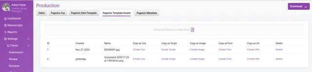 The ‘PagedJs Template Assets’ tab showing a ‘Drag and drop your files here’ upload area above a table of two uploaded assets with columns for ID, Created and Name, plus copy links ‘Create Css’, ‘Create Script’, ‘Create Image’, ‘Create Font’ and ‘Create URL’, and Delete.
