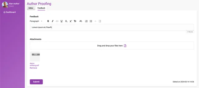 ‘Feedback’ tab of the Author Proofing page: a rich-text Feedback box with a word count, an ‘Attachments’ drag-and-drop area holding an uploaded PDF with a ‘Remove’ link, a ‘Submit’ button and an edited timestamp.