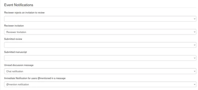 ‘Event Notifications’ settings section listing template dropdowns for ‘Reviewer rejects an invitation to review’ (empty), ‘Reviewer invitation’ set to ‘Reviewer Invitation’, ‘Submitted review’ (empty), ‘Submitted manuscript’ (empty), ‘Unread discussion message’ set to ‘Chat notification’, and ‘@mentioned in a message’ set to ‘@mention notification’.
