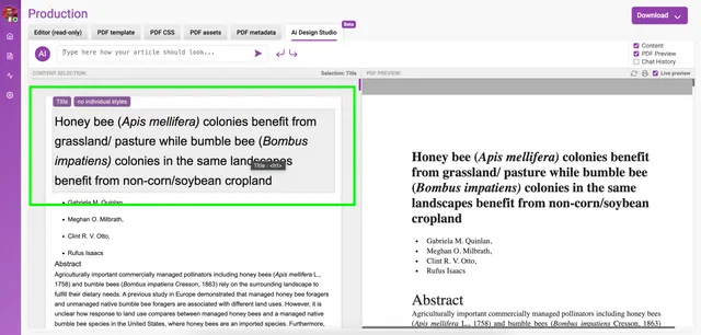 AI Design Studio split view: in the left content column the article title is selected, outlined in green and tagged ‘Title’ and ‘no individual styles’, with ‘Selection: Title’ shown in the bar; the right column previews the same title and abstract as typeset PDF output.