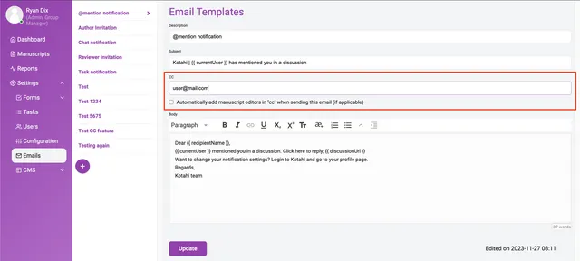 Email template editor with the CC area outlined in red: a CC field containing an example address and an unticked checkbox ’Automatically add manuscript editors in ‘cc’ when sending this email (if applicable)’, above the Handlebars body text and an ‘Update’ button.