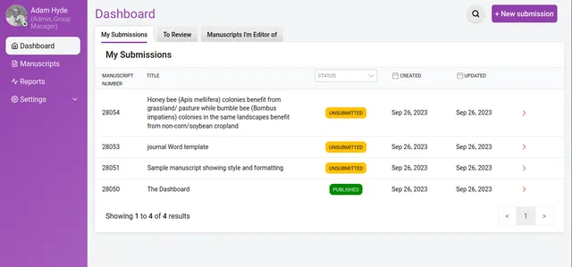 Kotahi Dashboard with tabs ‘My Submissions’, ‘To Review’ and ‘Manuscripts I’m Editor of’; the submissions table lists four entries with manuscript numbers, titles, ‘UNSUBMITTED’ or ‘PUBLISHED’ status badges, and created and updated dates.