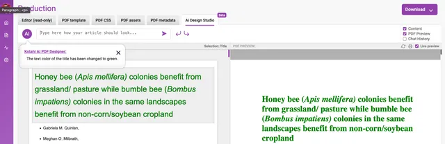 Kotahi Production editor with the ‘AI Design Studio’ tab open, a prompt box reading ‘Type here how your article should look…’, a confirmation reading ‘The text colour of the title has been changed to green’, and the title rendered green in both the editor and the PDF preview.