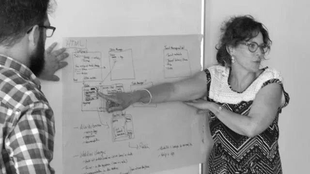 Two participants at a flipchart annotated ‘HTML’, showing boxed screen sketches linked by arrows into a publish step, plus side notes on article changes; one points at a box while explaining it to the other.