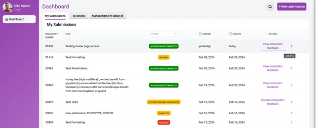 Author’s Dashboard ‘My Submissions’ table listing manuscripts with number, title, status and dates; statuses include ‘Author proof completed’, ‘Revising’, ‘Author proofing in progress’, ‘Submitted’ and ‘Rejected’, and rows offer ‘View production feedback’ or ‘Provide production feedback’ links.