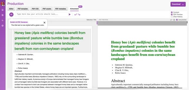 Kotahi Production screen on the AI Assistant tab, with an AI chat prompt bar, a tooltip reading ‘Kotahi AI PDF Designer: The title text is now styled with a green colour’, and the article title rendered in green in both the editor and the PDF preview pane.