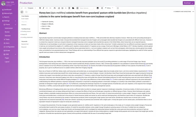 Kotahi Production page with an editable manuscript, a formatting toolbar, a left structure panel listing ‘Front Matter’, ‘Abstract’ and ‘Funding Group’ JATS tagging tools, a ‘Download’ button, and a footer reading ‘0 comments and suggestions’.