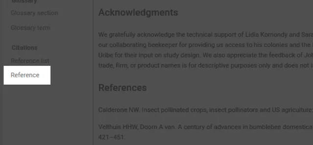 Close-up of the production interface’s left panel with the ‘Citations’ group expanded and the ‘Reference’ tool highlighted, alongside the greyed-out ‘Acknowledgments’ and ‘References’ text.