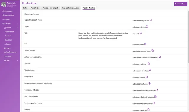 The ‘PagedJs Metadata’ tab listing metadata fields such as Manuscript Number, Type of Research Object, Topics, Title, DOI, Author names, Abstract and Funding, each paired on the right with its shortcode and a copy icon.