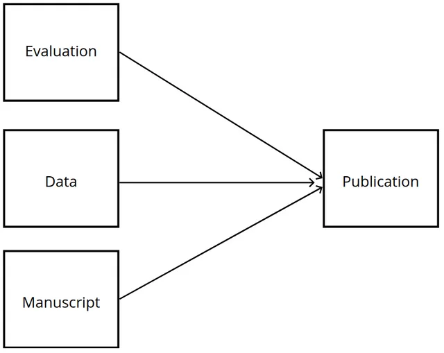Flow diagram: three boxes labelled ‘Evaluation’, ‘Data’ and ‘Manuscript’ on the left, each with an arrow converging on a single box labelled ‘Publication’ on the right.