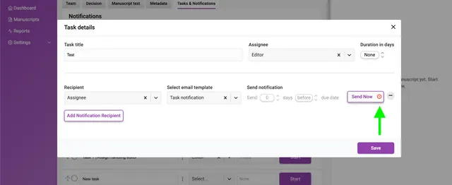 ‘Task details’ overlay on the ‘Tasks &amp; Notifications’ tab with recipient ‘Assignee’ and template ‘Task notification’; an arrow highlights a red warning icon on the ‘Send Now’ button indicating a configuration error.