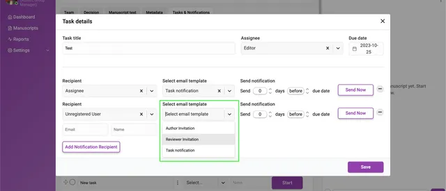 ‘Task details’ overlay with the ‘Select email template’ dropdown open on the ‘Unregistered User’ recipient row, listing ‘Author invitation’, ‘Reviewer invitation’ and ‘Task notification’.