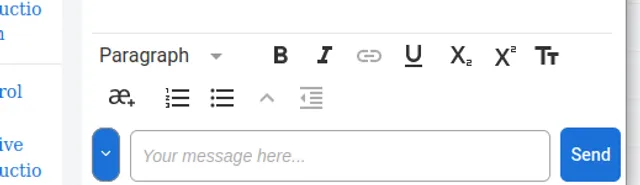 Chat rich-text toolbar expanded above the message input field and ‘Send’ button, offering a ‘Paragraph’ style dropdown, bold, italic, link, underline, subscript, superscript, clear formatting, special character, numbered list, bullet list and indent controls.