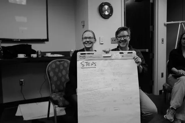 Two smiling sprint participants hold up their completed flipchart sheet headed ‘STEPS’, filled with handwritten workflow stages in several columns — the numbered step list produced as a sprint output.