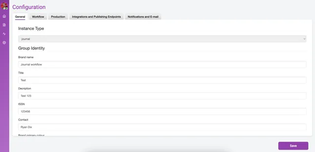 Kotahi Configuration page on the ‘General’ tab, alongside ‘Workflow’, ‘Production’, ‘Integrations and Publishing Endpoints’ and ‘Notifications and E-mail’ tabs, showing an ‘Instance Type’ dropdown set to ‘Journal’ and ‘Group Identity’ fields for Brand name, Title, Description, ISSN and Contact, with a ‘Save’ button.