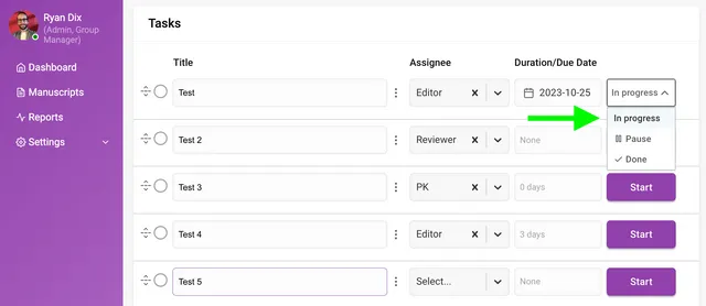 ‘Tasks’ list with columns ‘Title’, ‘Assignee’ and ‘Duration/Due Date’; the first row’s status dropdown is open, offering ‘In progress’, ‘Pause’ and ‘Done’, while other rows show ‘Start’ buttons.