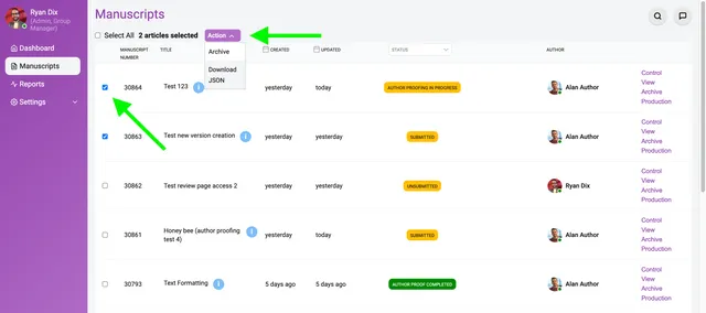 Manuscripts page with two rows tick-selected and the header reading ‘2 articles selected’; arrows highlight the checkboxes and the open ‘Action’ menu listing ‘Archive’ and ‘Download JSON’.