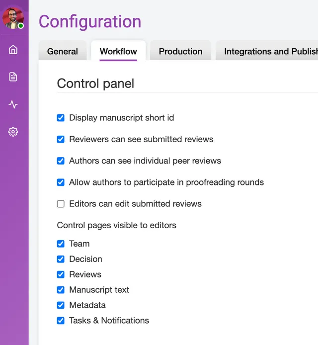 Configuration ‘Workflow’ tab showing the ‘Control panel’ group: ticked checkboxes for ‘Display manuscript short id’, ‘Reviewers can see submitted reviews’, ‘Authors can see individual peer reviews’ and ‘Allow authors to participate in proofreading rounds’, then ‘Control pages visible to editors’ with Team, Decision, Reviews, Manuscript text, Metadata and ‘Tasks &amp; Notifications’ all ticked.