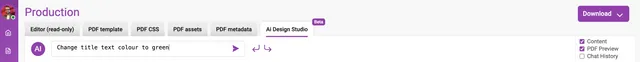 The AI Design Studio prompt bar with the typed instruction ‘Change title text colour to green’, a send arrow and undo and redo controls, and the ‘Content’, ‘PDF Preview’ and ‘Chat History’ display checkboxes on the right.