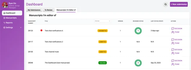 Dashboard on the ‘Manuscripts I’m editor of’ tab, showing columns for Manuscript Number, Title, Status, Version, Reviewer Status as green numbered circles, Last Status Update, and Actions links ‘DECISION’ and ‘TEAM’.
