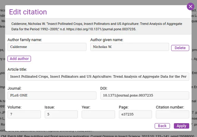‘Edit citation’ overlay showing the original citation at the top, then editable fields for author family and given name, ‘Add author’, article title, journal, DOI, volume, issue, year, page and citation number, with ‘Back’ and ‘Apply’.