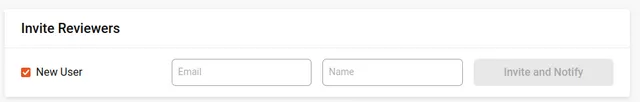 ‘Invite Reviewers’ panel with the ‘New User’ checkbox ticked, revealing empty ‘Email’ and ‘Name’ fields and a disabled ‘Invite and Notify’ button for inviting a reviewer who has no Kotahi account.