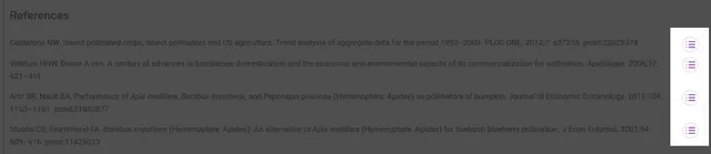 Reference list in the production interface with a small vertical menu of icon buttons appearing to the right of the selected reference, used to launch the citation look-up tools.