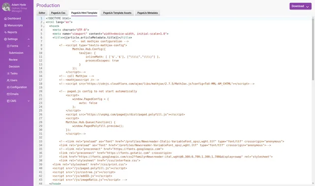 The ‘PagedJs Html Template’ tab showing a numbered code editor with the template’s head section: doctype, html lang attribute, meta charset, a title drawn from the article metadata variable, MathJax configuration, and Paged.js polyfill and font links.