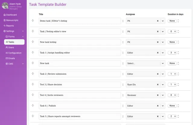 Task Template Builder listing template tasks in columns headed ‘Title’, ‘Assignee’ and ‘Duration in days’ — entries such as ‘Assign handling editor’ (Editor, 3 days), ‘Review submission’ (Editor, 1) and ‘Publish’ (Editor, None) — each row with a drag handle and an ellipsis menu.