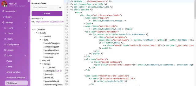 CMS ‘File browser’ showing the root CMS folder, a ‘Publish’ button and published CMS URL, a file tree containing content, data (articleQuery.json, cmsConfig.json, cmsLayout.json, cmsPages.json, site.json) and layouts (base.njk, home.njk, page-details.njk), with the selected template open in the code editor.
