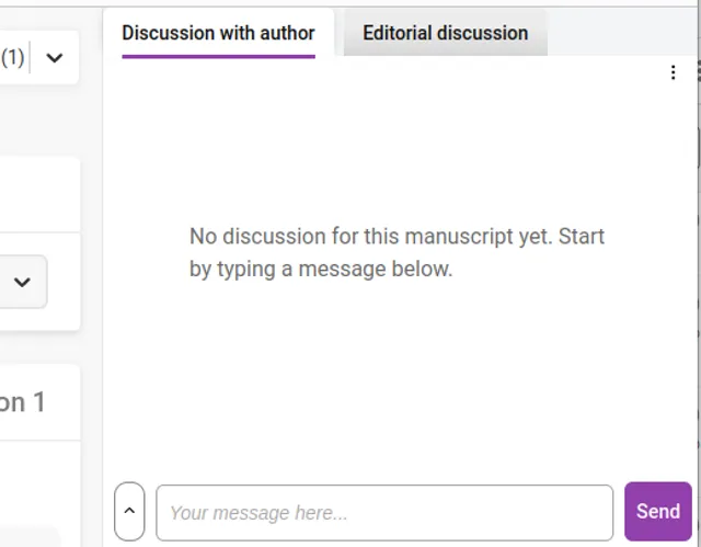 Chat panel on the right of the Control page with ‘Discussion with author’ selected and ‘Editorial discussion’ as the second tab; the empty state reads ‘No discussion for this manuscript yet. Start by typing a message below.’ above a message field and ‘Send’ button.