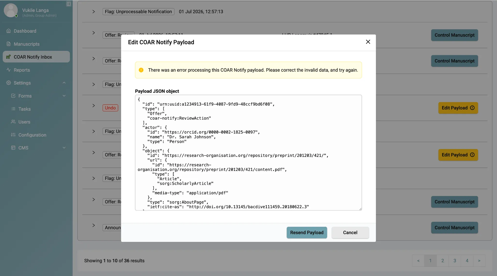 The “Edit COAR Notify Payload” dialog in Kotahi. A yellow warning reads “There was an error processing this COAR Notify payload. Please correct the invalid data, and try again.” Below it an editable “Payload JSON object” field shows the notification JSON, with “Resend Payload” and “Cancel” buttons.