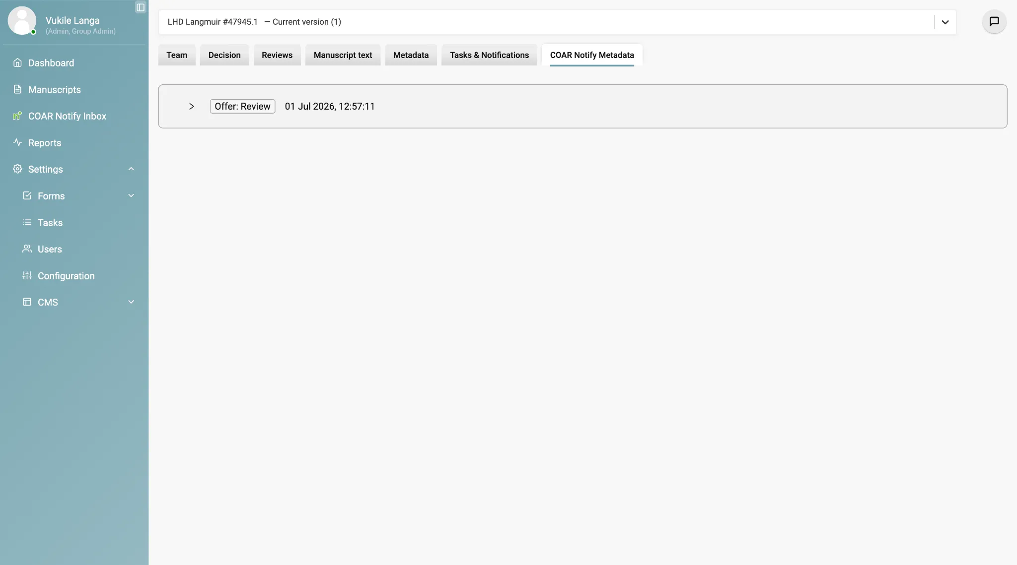 A manuscript record in Kotahi with the “COAR Notify Metadata” tab selected, alongside Team, Decision, Reviews, Manuscript text, Metadata and Tasks &amp; Notifications tabs. The panel lists a single “Offer: Review” event with its timestamp.