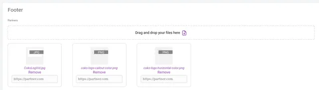 CMS ‘Footer’ settings ‘Partners’ area with a ‘Drag and drop your files here’ upload zone above three uploaded logo files, each with a ‘Remove’ link and a website URL field.