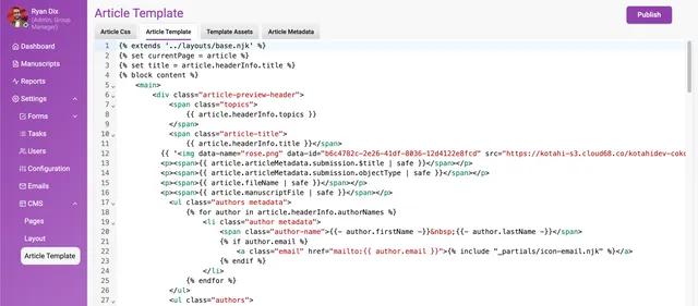 Kotahi ‘Article Template’ page with tabs ‘Article Css’, ‘Article Template’, ‘Template Assets’ and ‘Article Metadata’, a ‘Publish’ button, and a numbered code editor showing Nunjucks markup for article title, topics and author metadata.
