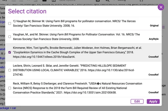 ‘Select citation’ overlay listing candidate citations with radio-style checkboxes, each tagged by source — ‘Original’, ‘AnyStyle’ or ‘CrossRef’ — with one CrossRef entry ticked, and ‘Edit’ and ‘Apply’ buttons at the bottom.