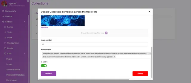 ‘Update Collection’ dialog showing the uploaded cover image with a ‘Remove’ link and drag-and-drop area, an ‘Issue number’ field, a ‘Manuscripts’ field holding two removable article chips, an enabled ‘Is active’ toggle, and ‘Update’ and ‘Delete’ buttons.