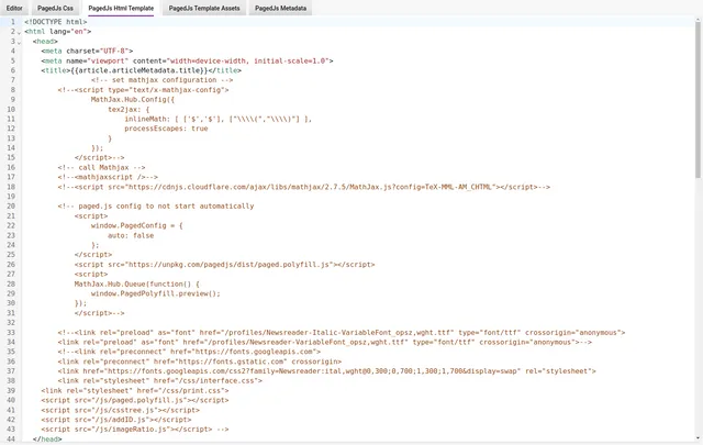 Template code lines 1 to 44 in the ‘PagedJs Html Template’ editor: the head block with html lang, meta charset and viewport, a title from the article metadata, MathJax config, commented-out Paged.js polyfill and preview scripts, font preload links, and stylesheet and script includes.