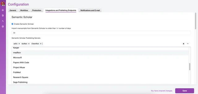 Configuration ‘Integrations and Publishing Endpoints’ tab showing the ‘Semantic Scholar’ group: a ticked ‘Enable Semantic Scholar’ checkbox, a 30-day age limit for imported manuscripts, and a publishing-servers multi-select holding arXiv, bioRxiv and ChemRxiv with an open dropdown listing further servers.