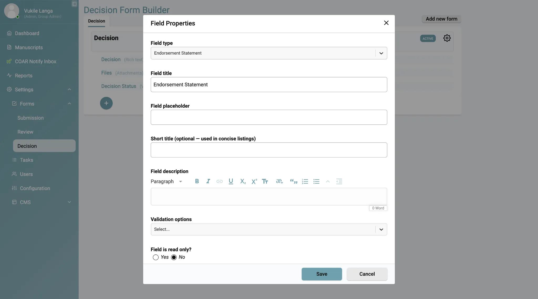 The Kotahi decision form configuration screen, with the field type list open and Endorsement Statement available as an option.