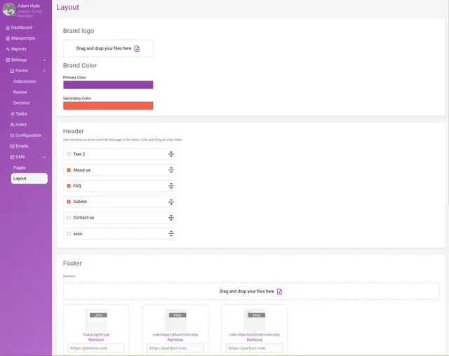 CMS ‘Layout’ screen with a ‘Brand logo’ drag-and-drop upload area, ‘Brand Color’ swatches for primary and secondary colours, a ‘Header’ list of pages with tick boxes and drag handles, and a ‘Footer’ section for partner logo uploads with website URL fields.