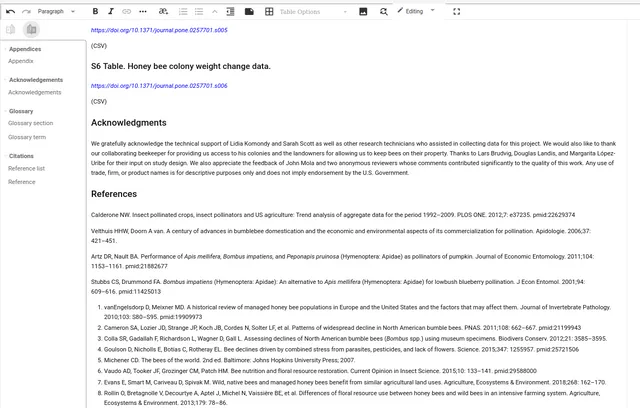Production interface showing a manuscript scrolled to its ‘Acknowledgments’ and ‘References’ sections as a numbered reference list, with a left-hand panel of insert options including ‘Citations’, ‘Reference list’ and ‘Reference’.