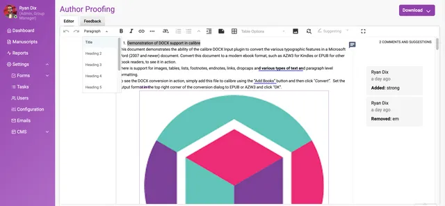 ‘Author Proofing’ editor with ‘Editor’ and ‘Feedback’ tabs, a formatting toolbar including a ‘Suggesting’ mode control, a heading-level outline panel, demonstration text with a tracked insertion highlighted, and a comments pane listing two suggestions.